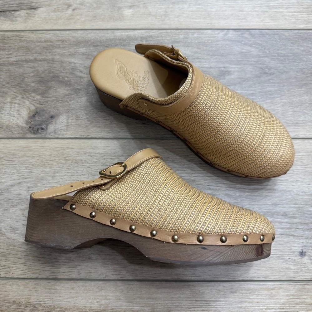Ancient Greek Sandals Classic Closed Clog Raffia Tan Wood Scandi Boho 12 42‎
